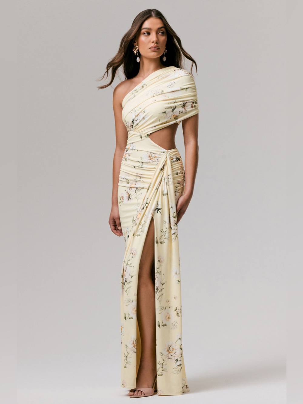 Club L OVERLOAD Lemon Print Asymmetric Wrap Split Maxi Dress Limited Edition